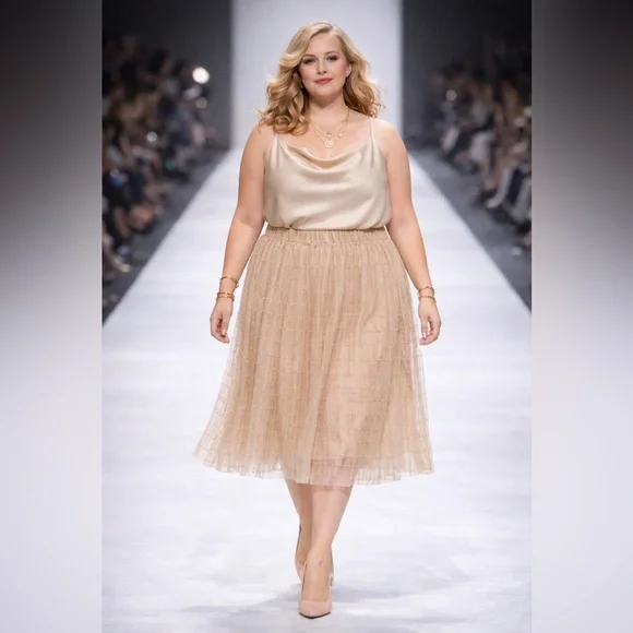 Metrowear Beige Sheer Overlay Skirt 3X Elastic Waist Lined Midi Skirt - Picture 3 of 12